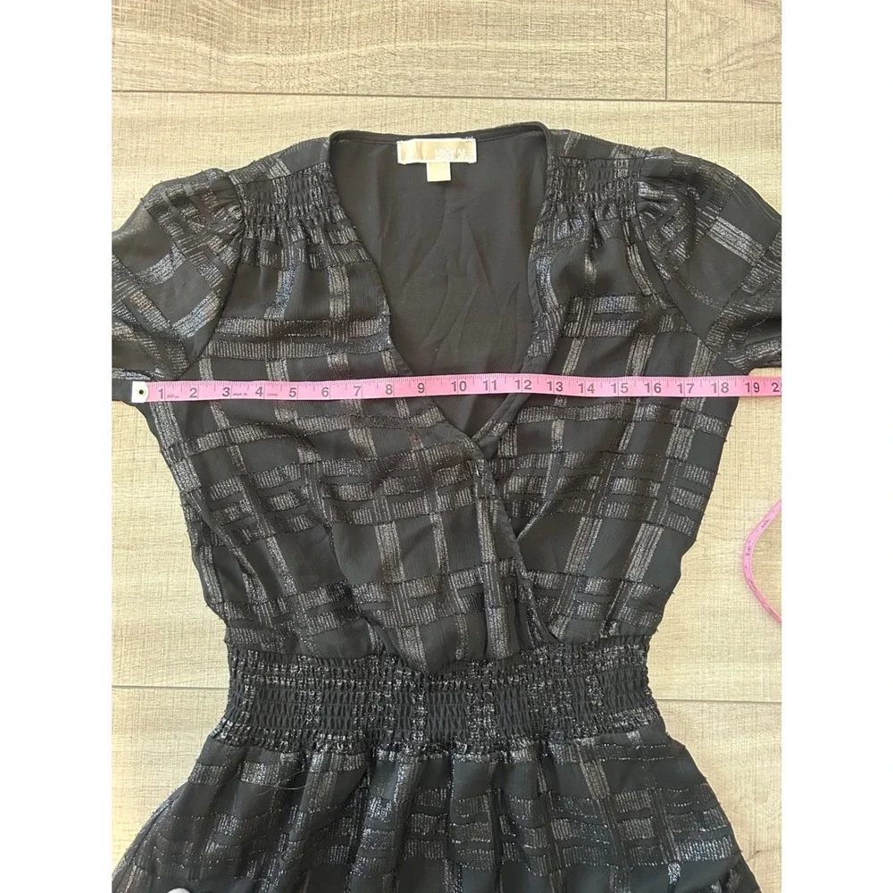 Michael Kors Black Silver Metallic Plaid Smocked Waist Ruffle Mini Dress S